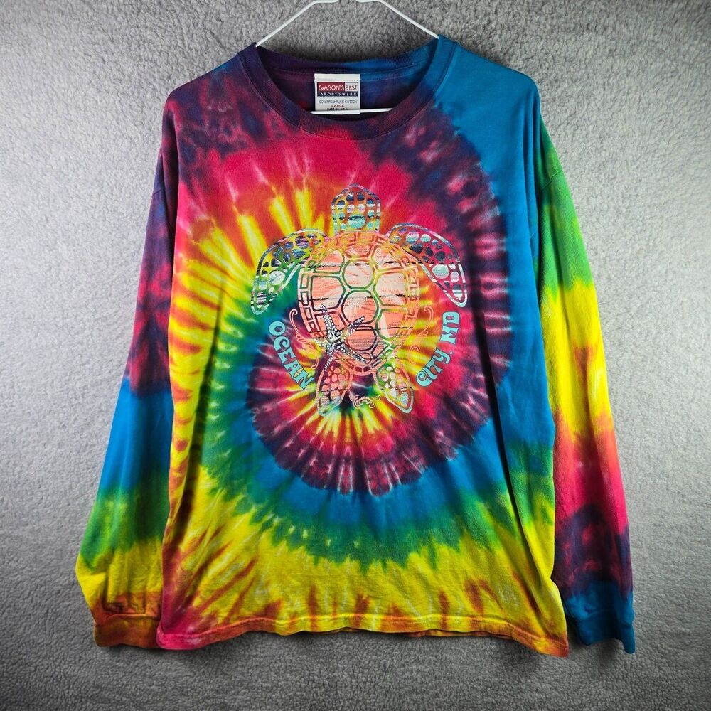 Vtg Season's Best Sea Turtle T-Shirt Mens L Multicolor Crew Neck Long Sleeve